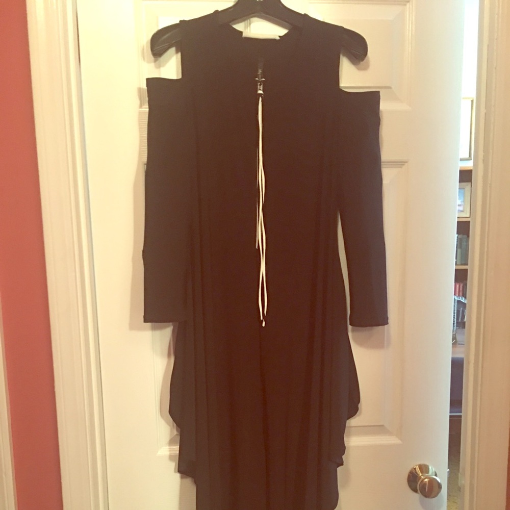 Black with white trim cold shoulder jumpsuit.